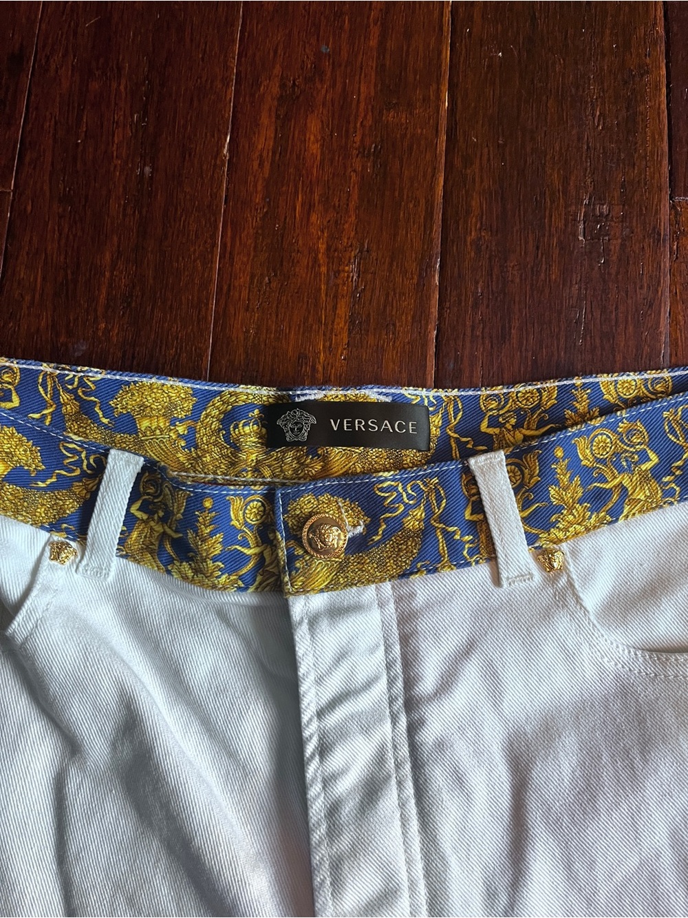 Versace Blue and Gold Baroque Trim White Pants - Picture 3 of 9